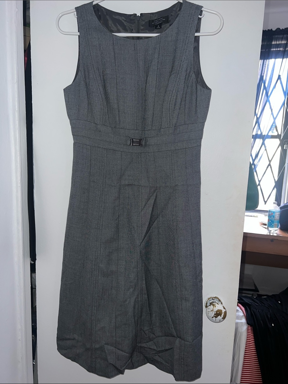 Sleeveless Gray Midi Sheath Dress with Waist Accent